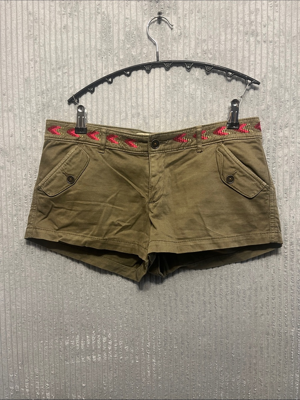 Hollister Olive Green High-Waist Shorts with Pink Embroidered Trim 28